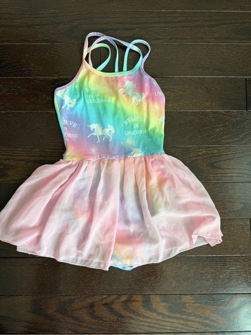 Girls Rainbow Unicorn Dance Leotard with Pink Chiffon Skirt